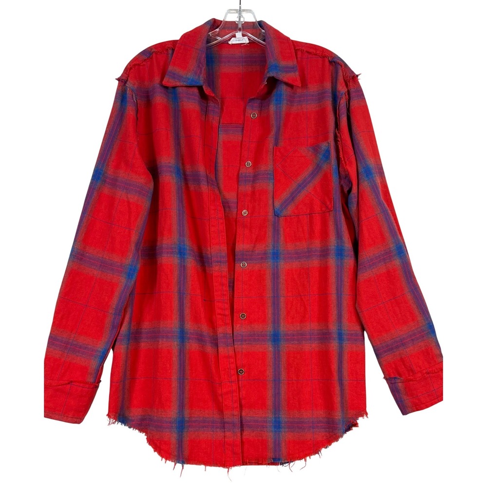 La Miel Womens Red Blue Plaid Distressed Raw Edge Button Down Shirt Small Layer